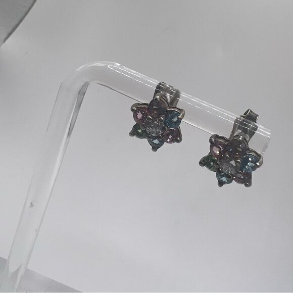 Multi Colored Floral Stone Sterling Silver Earrings. Small Floral Earrings. - Picture 1 of 6